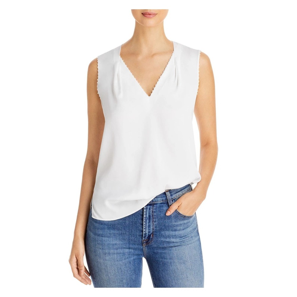 Kobi Halperin Women's XS Silk White Raquel V-Neck Beaded Trim Sleeveless Blouse